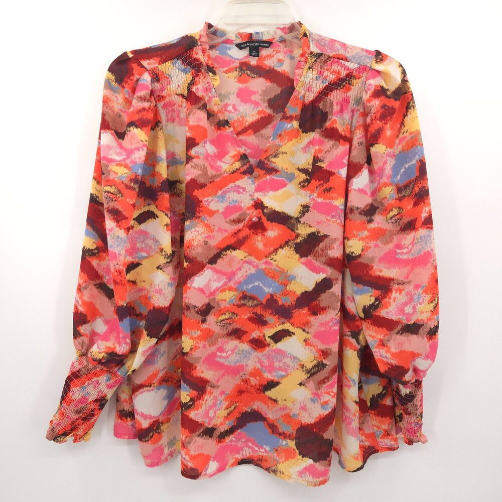 Zac & Rachel button front popover‎ top Plus Size 1X abstract long sleeve smocked